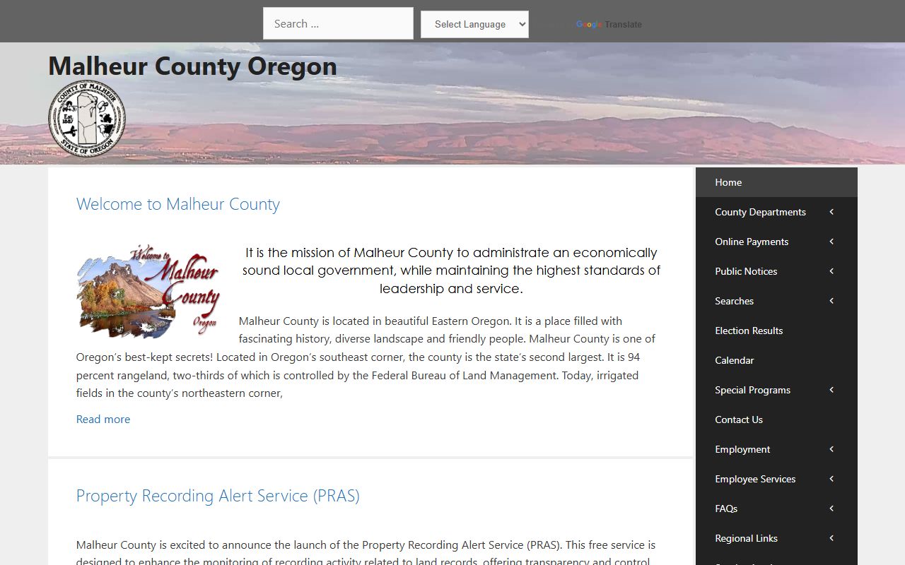 Malheur County official website with death index record information