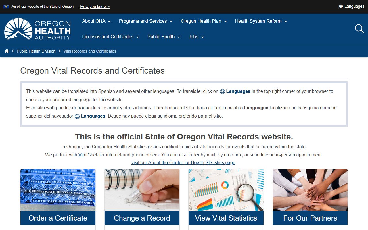 Oregon Health Authority vital records page for ordering Oregon death index certificates