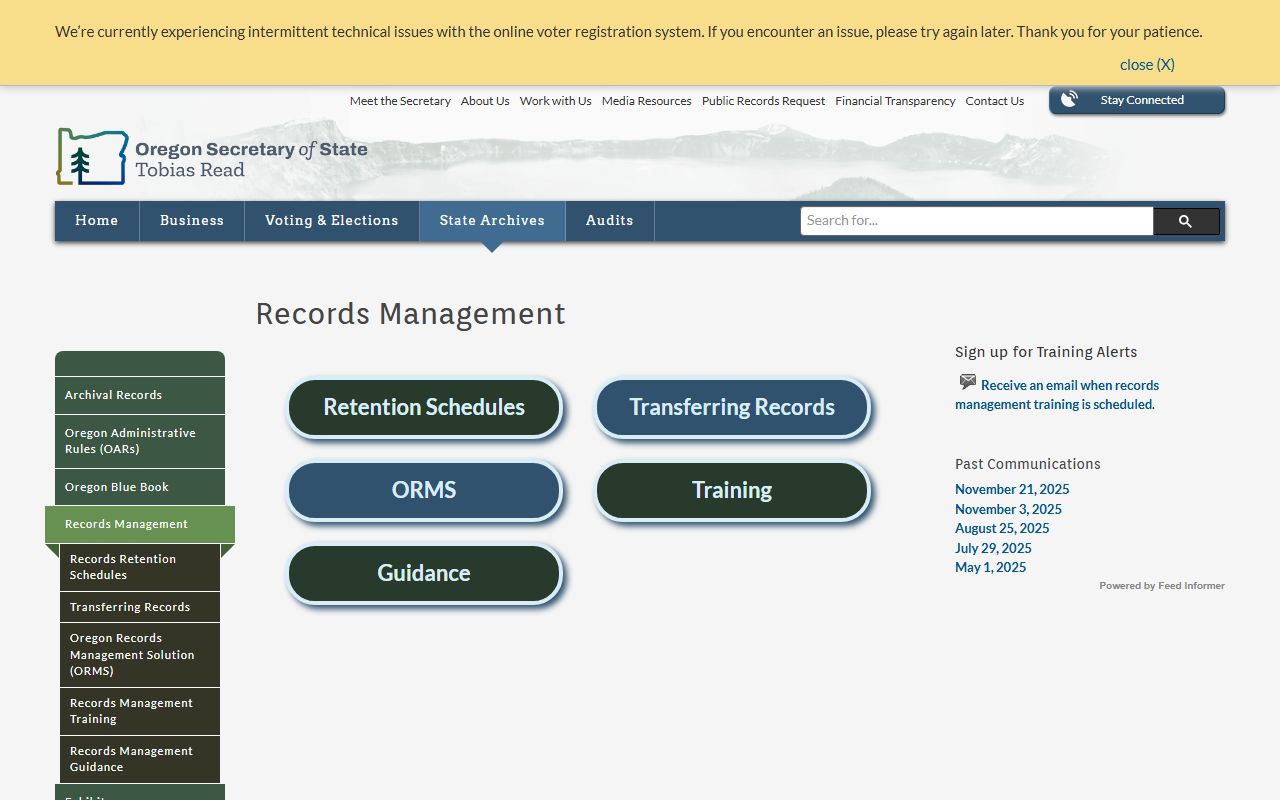 Oregon records management page relevant to death index retention
