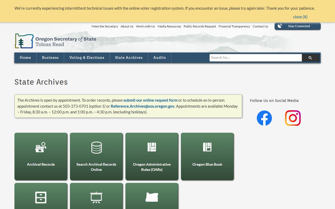 Oregon State Archives main page for death index searches