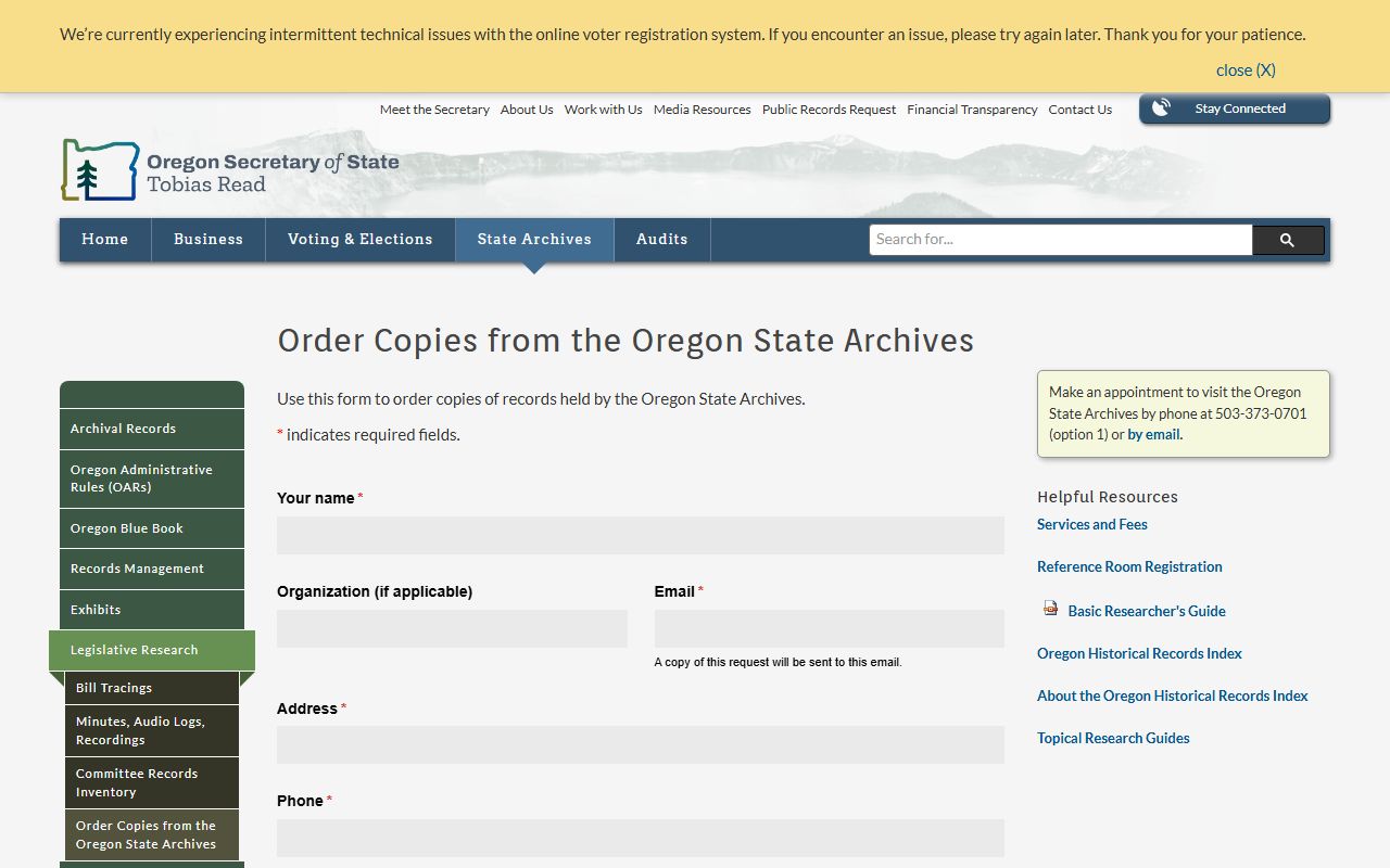 Oregon State Archives order page for historical death index records