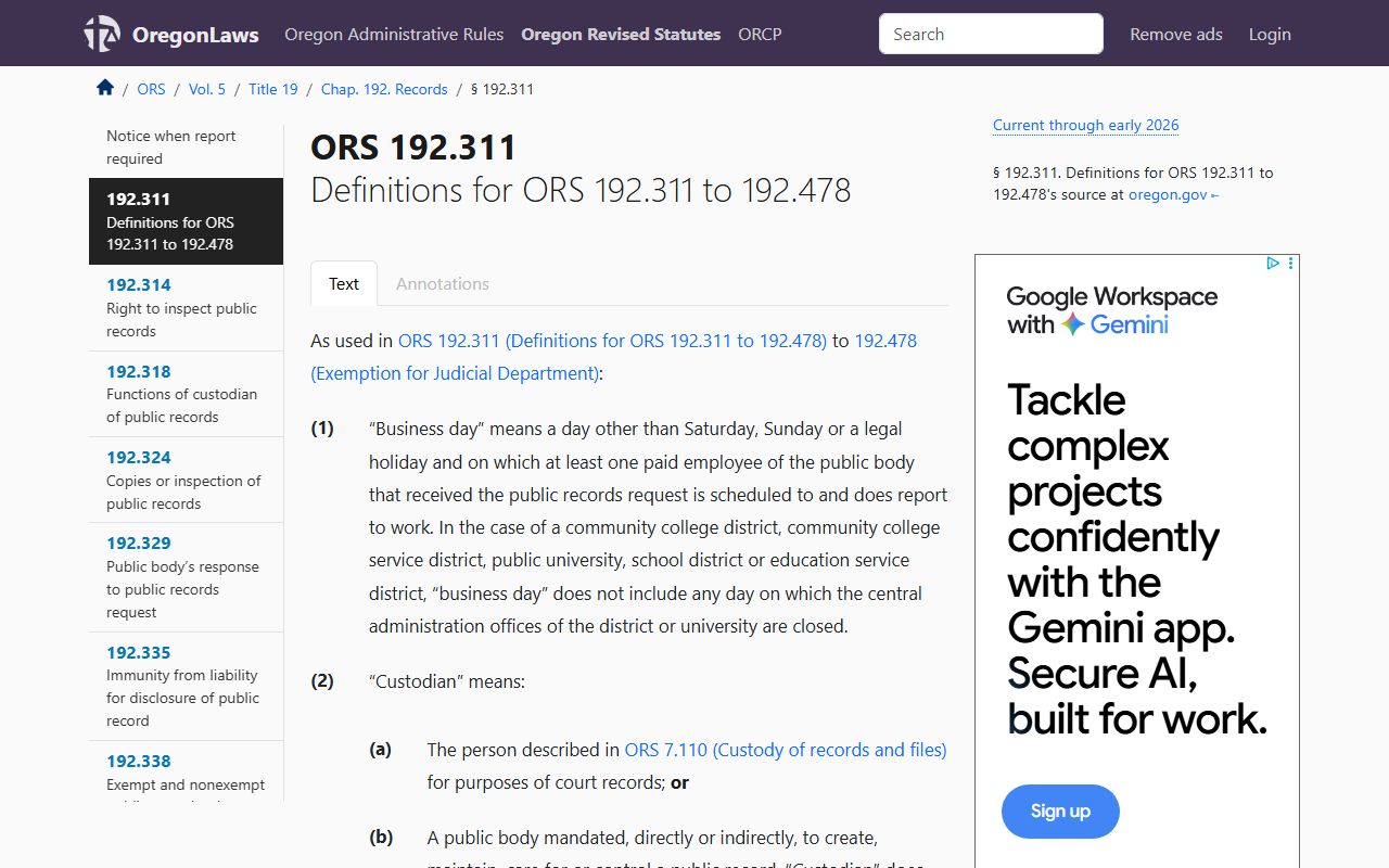 ORS 192.311 public records law related to Oregon death index access
