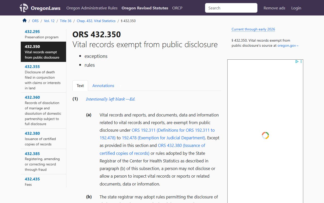 ORS 432.350 vital records exemption relevant to Oregon death index access