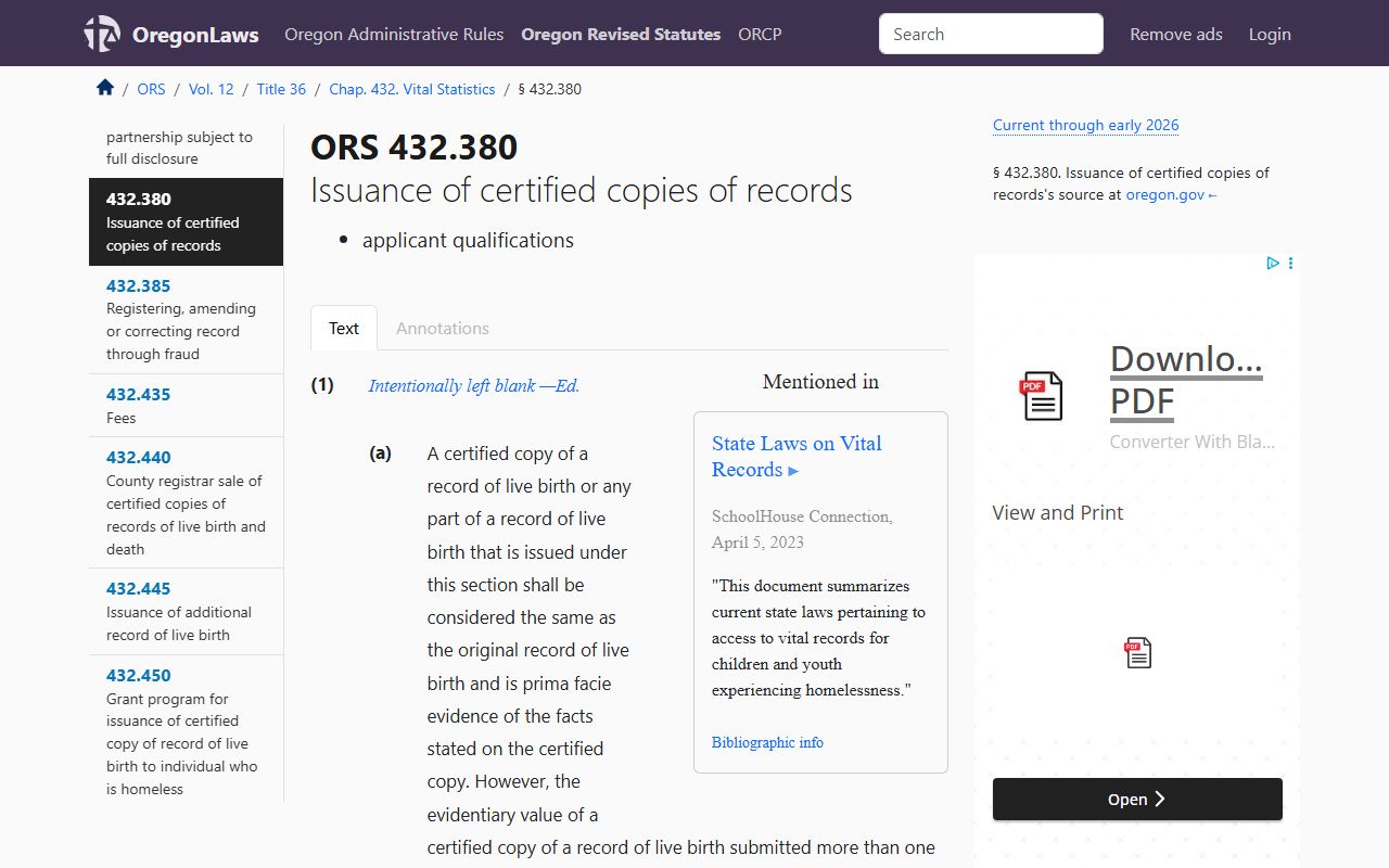 ORS 432.380 certified copy issuance for Oregon death index records