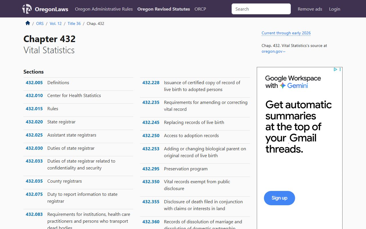 ORS Chapter 432 vital statistics framework for Oregon death index